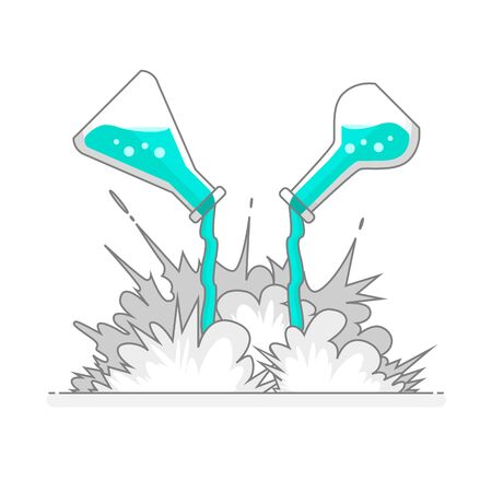 Two scientific flasks throwing liquid and forming a chemical explosion. Flat line design concept. Vector illustration.のイラスト素材