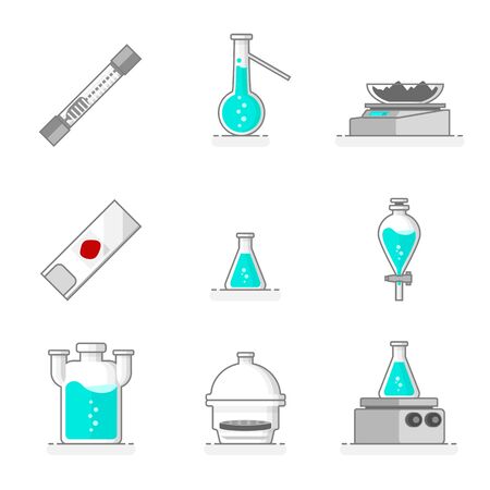 Scientific set of laboratory glassware, materials and tools like a desiccator, wolf bottle, separating funnel, heating plate, glass plate, digital balance, distillation flask, gas meter tube and erlenmeyer flask. Flat line design concept. Vector illustration.のイラスト素材