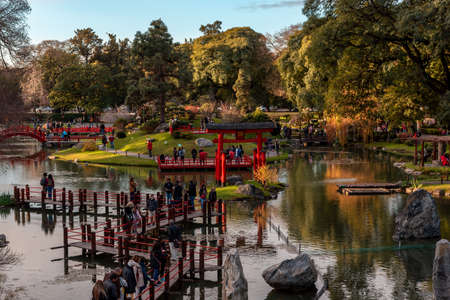 Buenos Aires, Argentina, July 7, 2018: Visitors walking along the beautiful paths of japanese gardenのeditorial素材