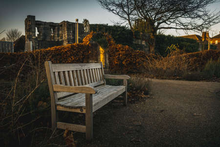 YORK, ENGLAND, DECEMBER 12, 2018: Wooden bench in an old park full of dry leaves. Concept of tranquility and peaceful momentのeditorial素材