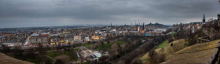 EDINBURGH, SCOTLAND DECEMBER 14, 2018: Panoramic view of central Edinburgh cityscape on a cloudy day, seen from Edinburgh Castleのeditorial素材