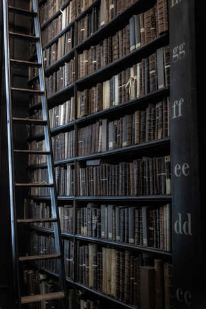 DUBLIN, IRELAND, DECEMBER 21, 2018: The Long Room in the Trinity College Library, home to The Book of Kells. A ladder to reach books at different levelsのeditorial素材