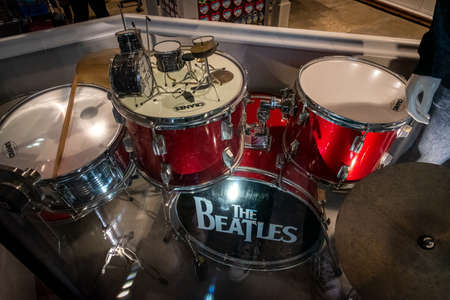 LIVERPOOL, ENGLAND, DECEMBER 27, 2018: Beatles red drums set with another tiny drums set over a tom.のeditorial素材