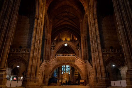 LIVERPOOL, ENGLAND, DECEMBER 27, 2018: Magnificent huge entrance hall of the Church of England Anglican Cathedral of the Diocese of Liverpoolのeditorial素材