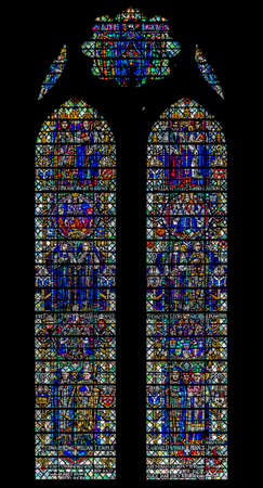 LIVERPOOL, ENGLAND, DECEMBER 27, 2018: Stained glass from interior of the Church of England Anglican Cathedral of the Diocese of Liverpoolのeditorial素材