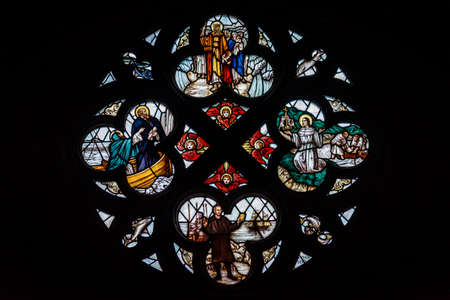 LIVERPOOL, ENGLAND, DECEMBER 27, 2018: Stained glass from interior of the Church of England Anglican Cathedral of the Diocese of Liverpoolのeditorial素材