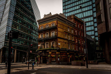 LONDON, ENGLAND, DECEMBER 29, 2018:The Albert public house in Westminster, surrounded by skyscrapers. A great mixture of old an modern architecture in a cosmopolitan cityのeditorial素材