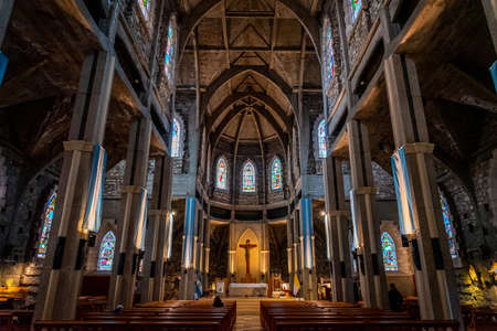 BARILOCHE, ARGENTINA, JUNE 18, 2019: Interior of Nuestra Senora del Nahuel Huapi Cathedral. Decorated with lots of argentinian flags.のeditorial素材