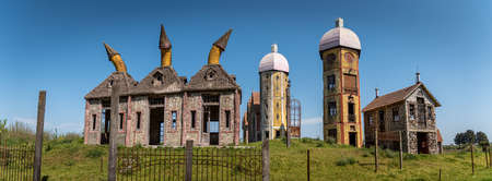 GONZALEZ CATAN, ARGENTINA, SEPTEMBER 28, 2019: Abandoned buildings in the amazing medieval town of Campanopolisのeditorial素材