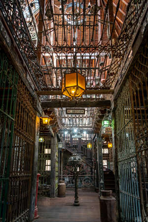 GONZALEZ CATAN,ARGENTINA,SEPTEMBER 28,2019:Interior of the iron museum, in the amazing medieval town of Campanopolis, with lots of metal objects of any kind.Translation of 'Fourth Section' in Spanish.のeditorial素材