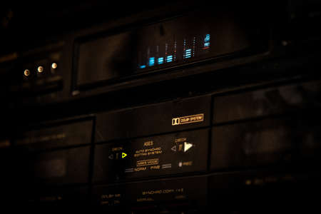 BARILOCHE, ARGENTINA, JUNE 18, 2019: Close up of old stereo music sound system with graphic volume...