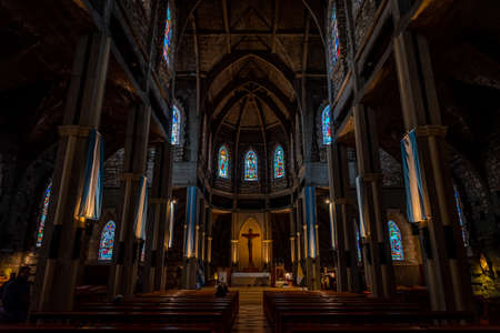 BARILOCHE, ARGENTINA, JUNE 18, 2019: Interior of Nuestra Senora del Nahuel Huapi Cathedral. Decorated with lots of argentinian flags.のeditorial素材