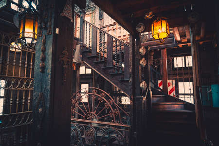 GONZALEZ CATAN, ARGENTINA, SEPTEMBER 28, 2019: Interior of the iron museum, an abandoned building in the amazing medieval town of Campanopolis, with lots of metal objects of any kind.のeditorial素材