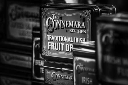 DUBLIN, IRELAND, DECEMBER 24, 2018: Close up of Connemara metal tea boxes in a store, a typical trademark infusion of Ireland in black and whiteのeditorial素材