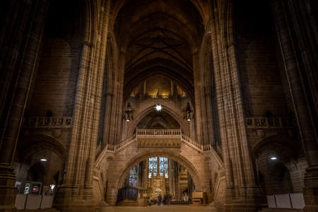 LIVERPOOL, ENGLAND, DECEMBER 27, 2018: Magnificent huge entrance hall of the Church of England Anglican Cathedral of the Diocese of Liverpoolのeditorial素材