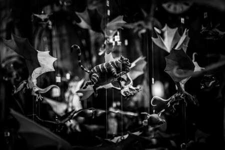 Cheshire cat and other colorful hanging toys. Flying characters from fantasy movies of magic on a shallow depth of field.のeditorial素材