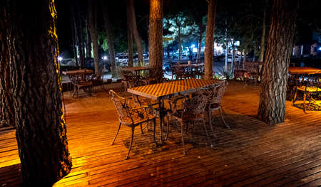 Night scene of wooden deck of an elegant outdoor bar, illuminated by small lamps in the trees that rise over the terraceの写真素材