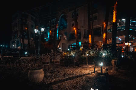 Night scene of an elegant outdoor bar illuminated by small lamps among the trees and plantsの写真素材