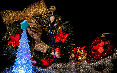 Charming Jack Skellington from Night Before Christmas surrounded by festive adornments