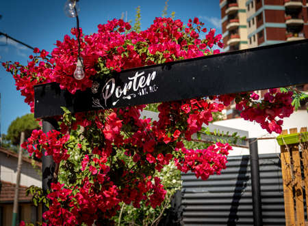 Porter beer sign of an outdoor pub with buildings in the background. Mixture of city spare timeの写真素材