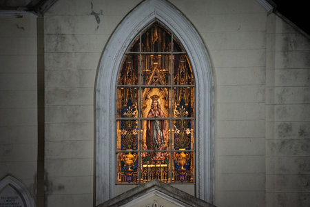 CORDOBA, ARGENTINA, APRIL 30, 2022: Stained glass of parish of Our Lady of Carmen in La Cumbre,...
