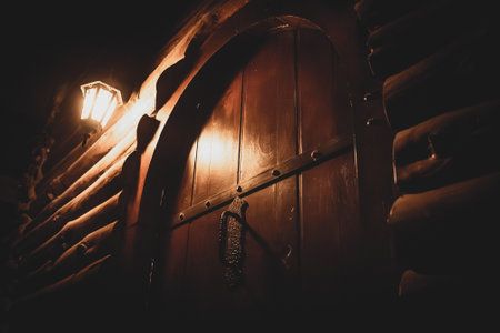 Spooky dark view of an old street lantern lighting on top of a wooden cabin doorの写真素材