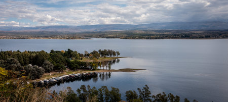 Panoramic view of the coast of Los Molinos reservoir in Villa Ciudad Parque in Cordoba, Argentinaの写真素材