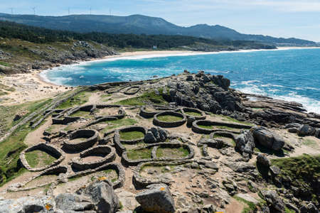 Panorama view of the Castro de BaroÃ±a, a fort located in the parish of BaroÃ±a in A CoruÃ±a, Galicia. Built on a peninsula, it was inhabited from the first century BC to the fist century AD.の写真素材