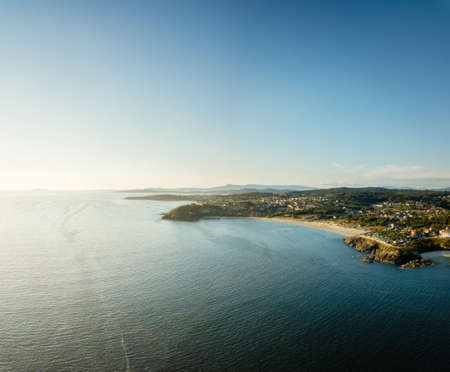 Aerial view of the Galician coast at the opening of the Ria de Pontevedra, were the Atlantic ocean meets the land.の写真素材