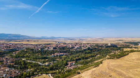 Aerial view of the old wall and town of Segovia, with some of its main monuments to be recognised.の写真素材