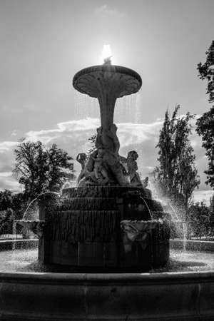 MADRID - MAY 26, 2018: Detail of the sculptural group at the base of the Turtle Fountain in the Retiro Park in Madrid. This fountain was built in 1832 by the architect Francisco Javier de Marietegui, and the sculptures were carved by the artist Jose Tomasのeditorial素材