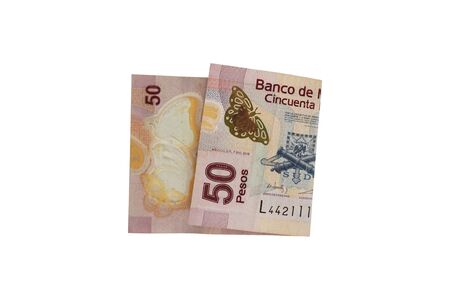 A single middle folded 50 mexican peso bill isolated and on white background