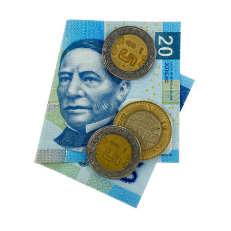 A single folded mexican peso bill isolated and on white backgroundの写真素材