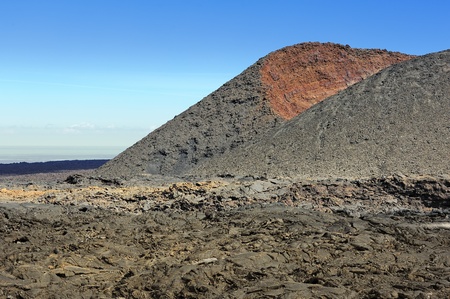 lava field and volcanic mountain at Timanfaya National Park, Lanzarote Island, Canary Islands, Spainの写真素材