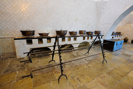 kitchen with copper pots and fireplace in Sintra National Palace, Portugal のeditorial素材