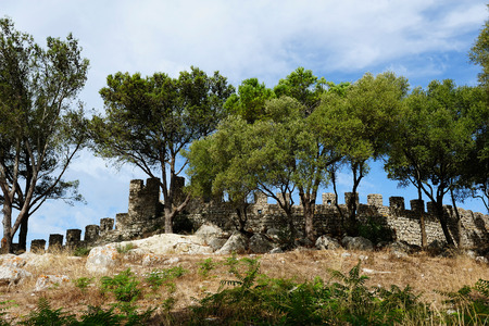 walls of medieval castle Castelo dos Mouros, Sesimbra, Portugalの写真素材