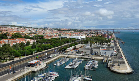 view of waterfront from the top of the Monument to the Discoveries, Lisbon, Portugalのeditorial素材