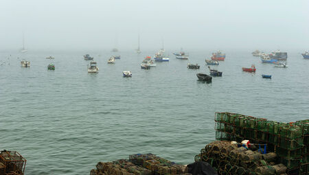 morning fog at the fishing port at Cascais, Portugalの写真素材