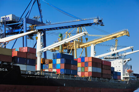 Lisbon, Portugal - container ship on loading terminalのeditorial素材