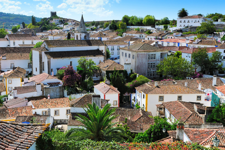 town within castle walls, Obidos, Portugalの写真素材