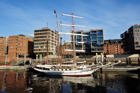 HAMBURG, GERMANY - 19 MARCH 2015: Yacht at Traditionsschiffhafen at Sandtorhafen located on the Elbe...