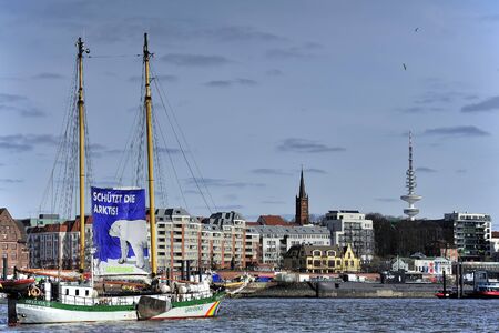 HAMBURG, GERMANY - MARCH 22, 2015: Sailing ship Beluga II Greenpeace on Elbe river.のeditorial素材