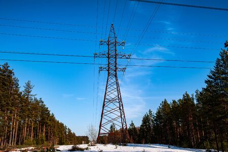 electrical high voltage power line in the forest lsndscape in spring