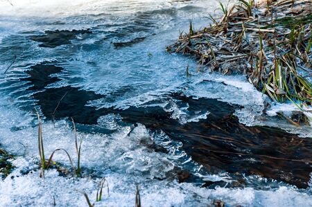 stream covered with figured ice in spring with blue shadows