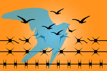 barbed wire where in the knots can recognized silhouettes of birds and fly to freedomのイラスト素材