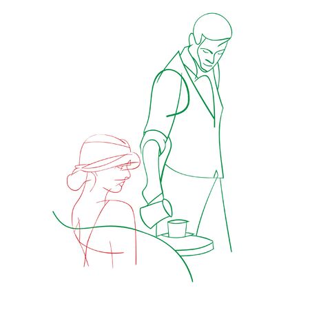 waiter serving young lady having a cup of coffee - line free hand vector drawingのイラスト素材