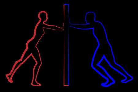 man and woman push a door from the opposite direction - vector concept of miscommunicationのイラスト素材