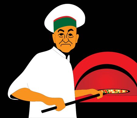 baker in uniform with pizza baked in wood fire ovenのイラスト素材