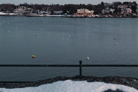 Winter landscape of a bay in Marblehead, Massachusettsの写真素材