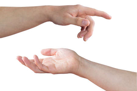 Two white hands, one pointing at something and the other receiving something on a white backgroundの写真素材